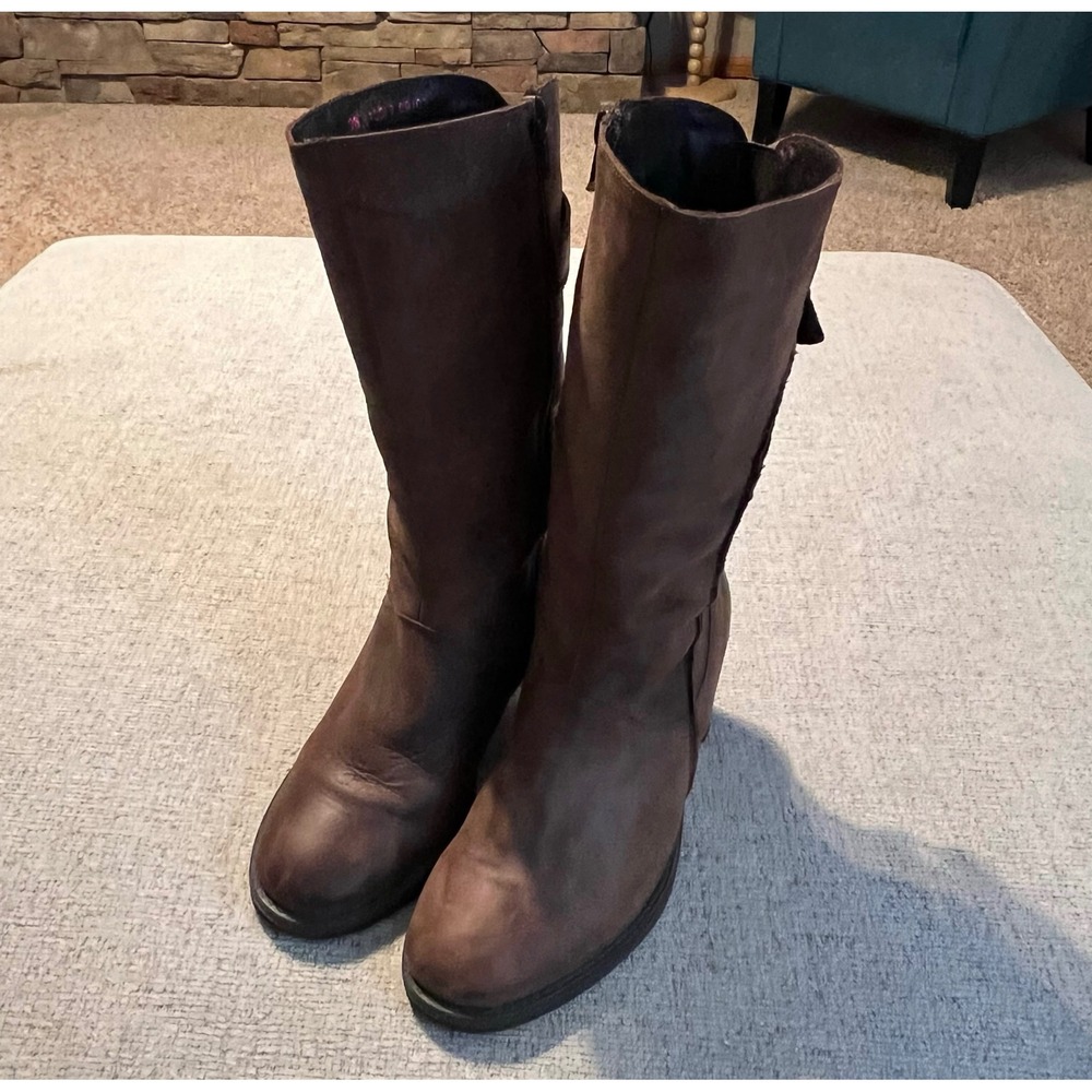 Jones Bootmaker Yogi 2 Brown Leather Mid Calf Block Heel Boots Womens 36 Sz 5.5